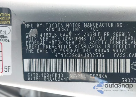 2004 Toyota Camry Le from USA, damaged, VIN 4T1BE32K94U832506